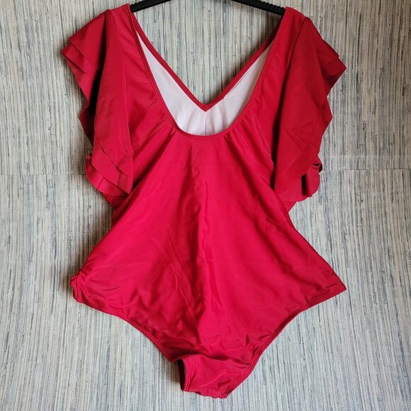 NWOT Swimwear Swimsuit One Piece Size Large Women’s Red Layer Short Sleeve - Picture 8 of 9